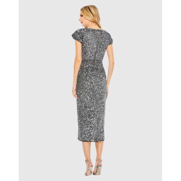 NWT Mac Duggal Size 12 Gray Sequined Cap Sleeve Wrap Over Cocktail Midi Dress - Picture 3 of 13